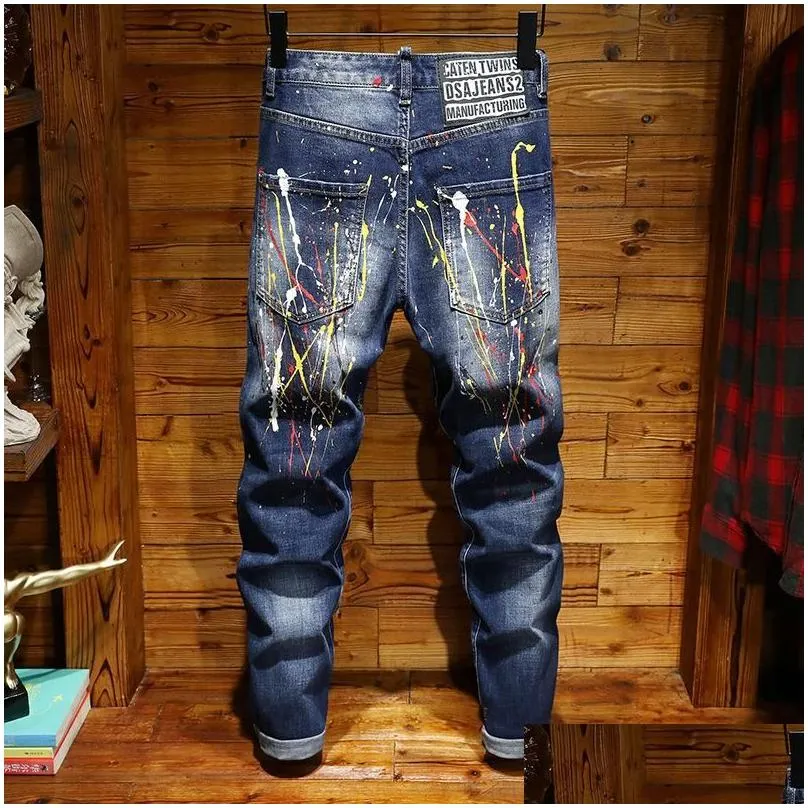 Men`S Jeans Mens Fashion Hip Hop Casual Ripped Died Skinny Denim Pants Small Straight Paint Splashing Hole Drop Delivery Apparel Clot Dhqew