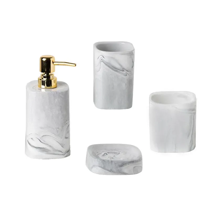 Bath Accessory Set Creative Marble Texture Ceramic Shower Accessories European Modern Restroom Toothbrush Holder Four-piece Bathroom