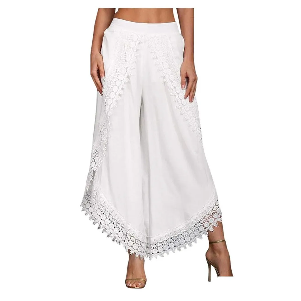 Women`S Pants & Capris Lady Wear Mori Girl Elastic Waist Lace Cloghet Wide Leg Calf-Length Cotton Trousers Hippie Boho Women Drop Del Dhe3R