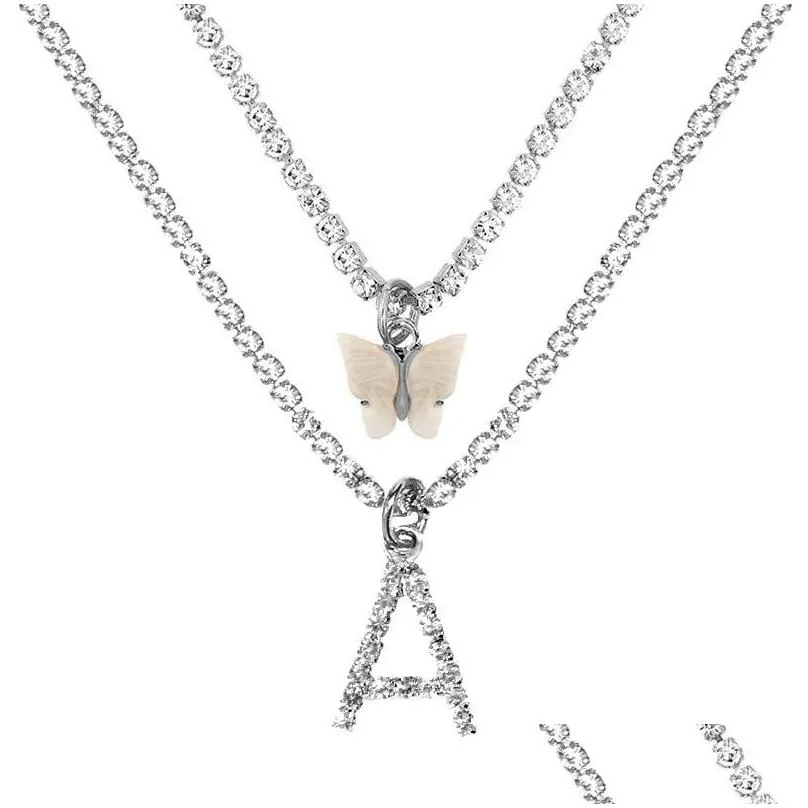 multilayer butterfly pendant necklace women silver color 26 initials letters crystal chain necklace collar jewelry