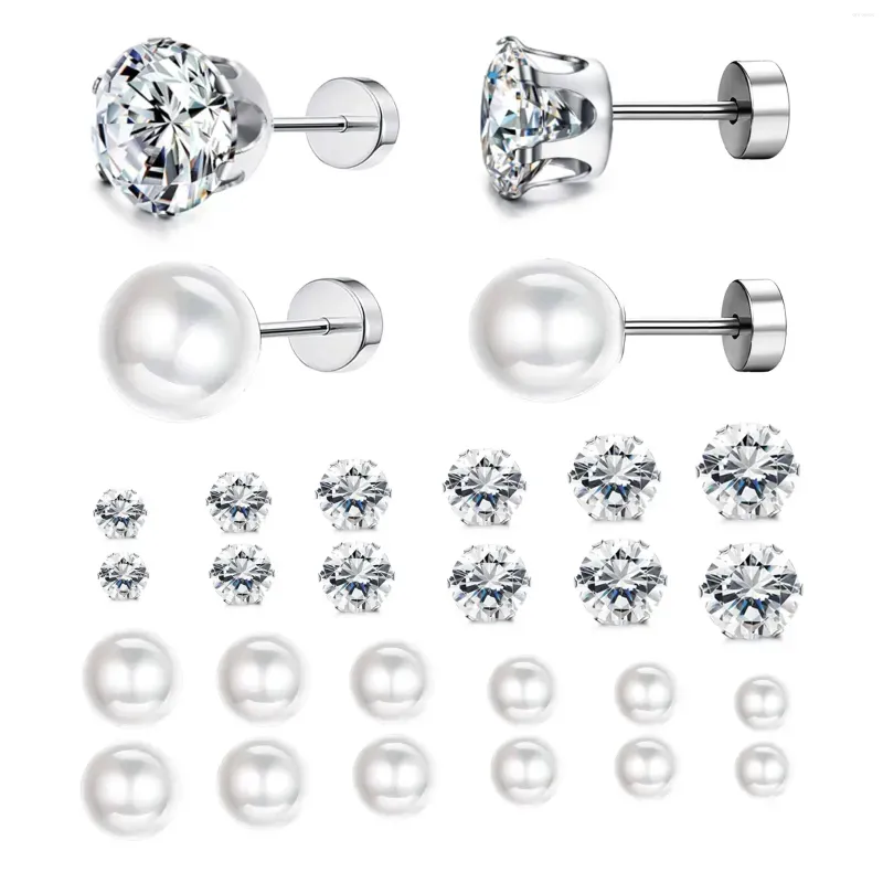 Stud Earrings 6-12 Pairs Stainless Steel Round Clear Cubic Zirconia Pearl Earring For Women CZ 3-8MM