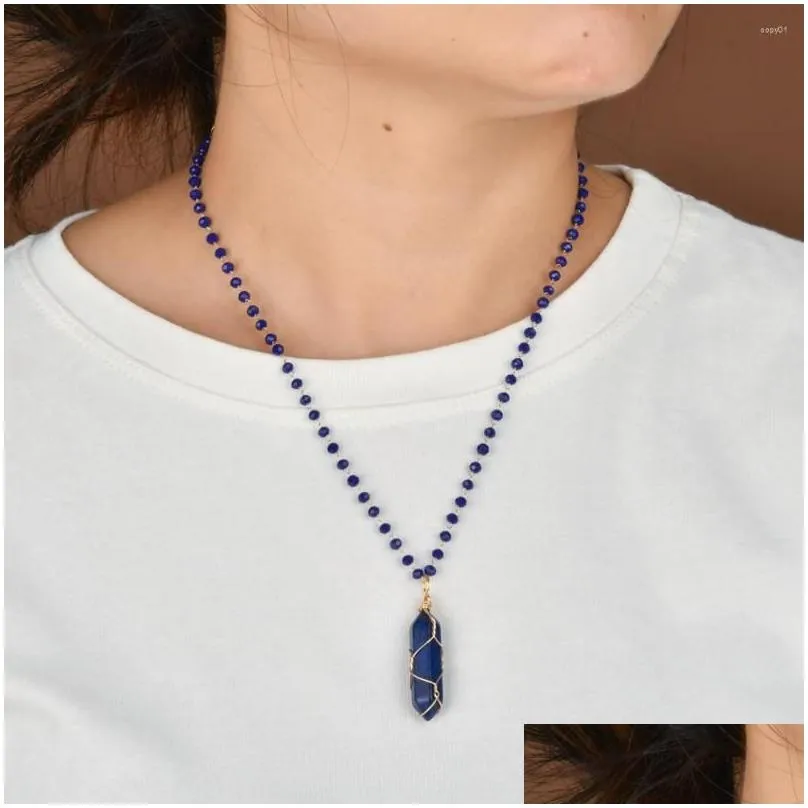 pendant necklaces zmzy glass crystal beads chain natural stone quartz necklace chakra hexagonal amethysts lapis lazuli