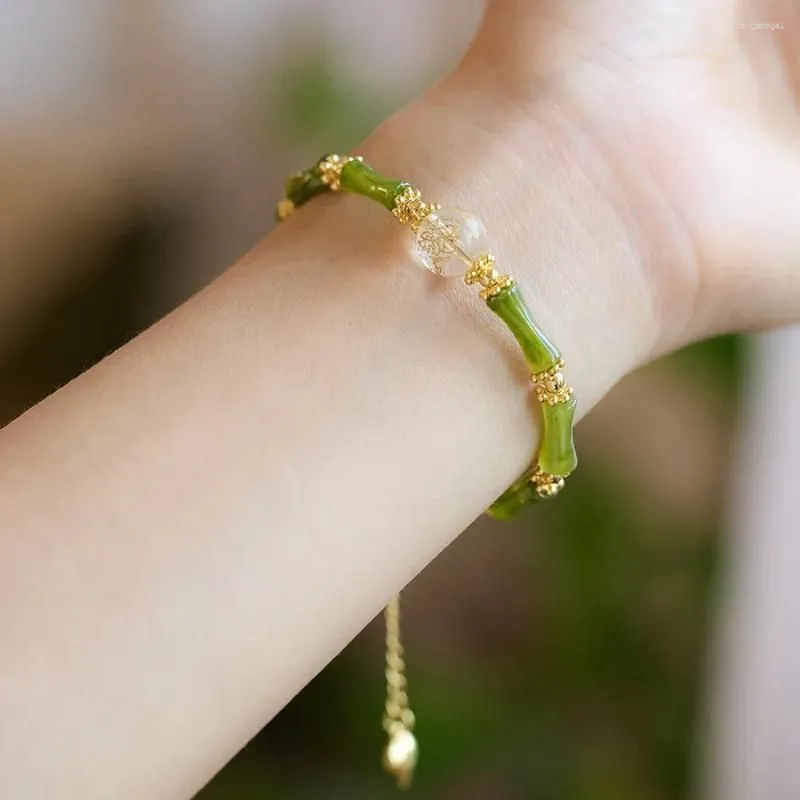 Strand 1Pcs Handmade Green Color Natural Stone Bamboo Joint Leaves Tassel Beads Beaded Bracelet For Women Accessories