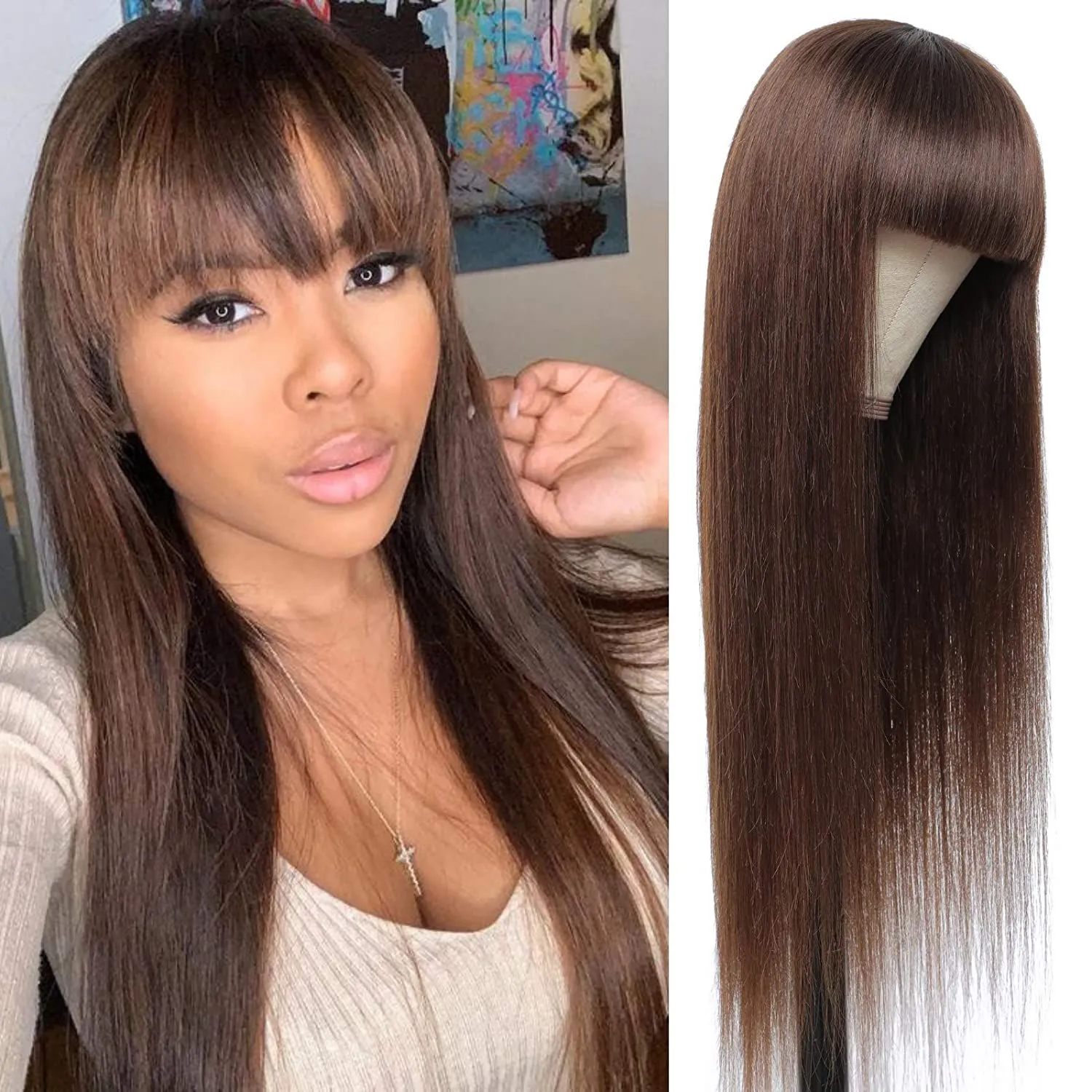 Straight Human Hair Wig with Fringe for Women Remy Hair Wigs With Bangs Dark Brown Balayage Color Glueless Full Machine Made New