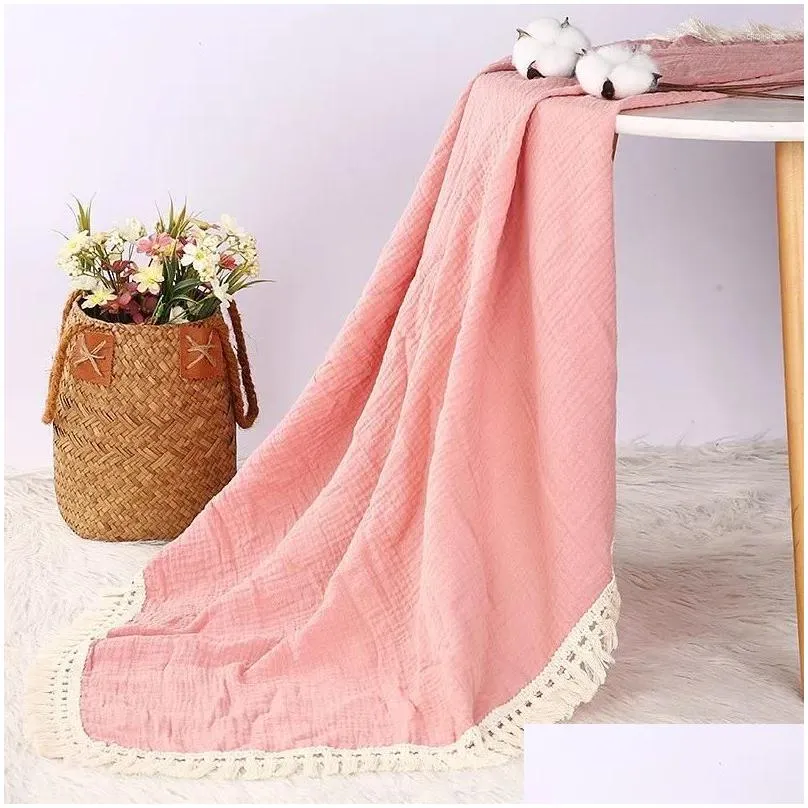 Blankets Bopoobo 120 100cm Muslin Cotton Baby Blanket Born Tassel Receiving Swaddle For Girl Boy Bath Towel Stuff