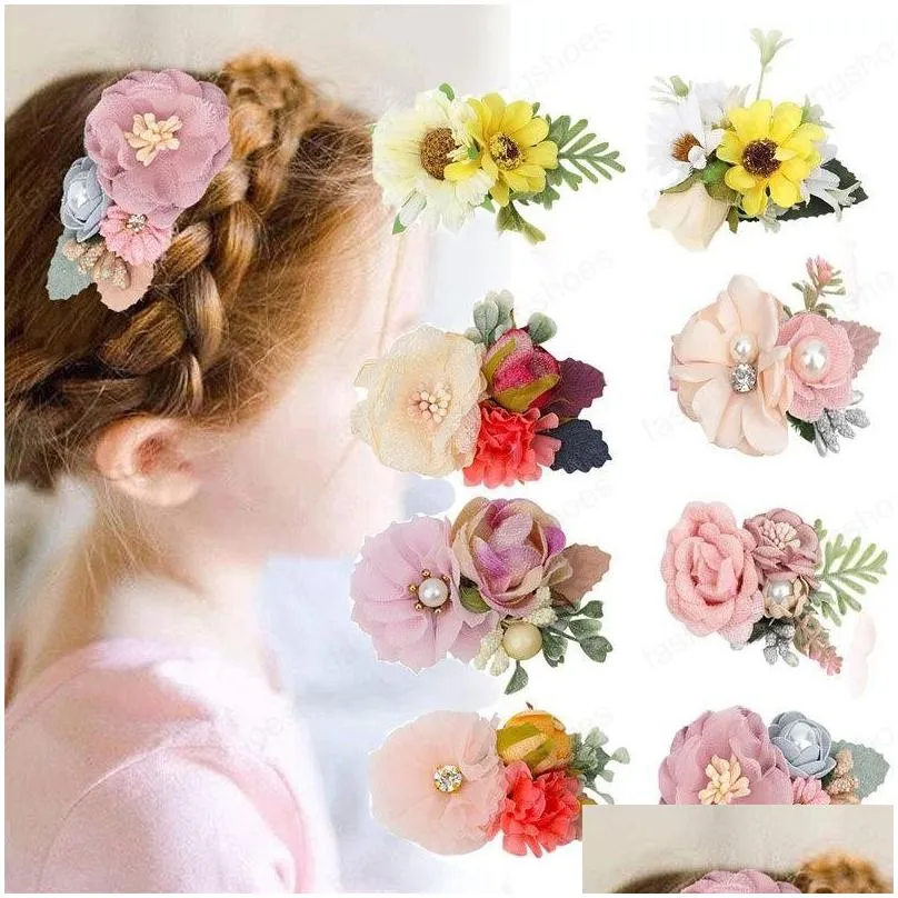 baby floral hair clips artificial mesh flower pearl hairpins for girls sweet rose hairgrips wedding accessories 3pcs/lot