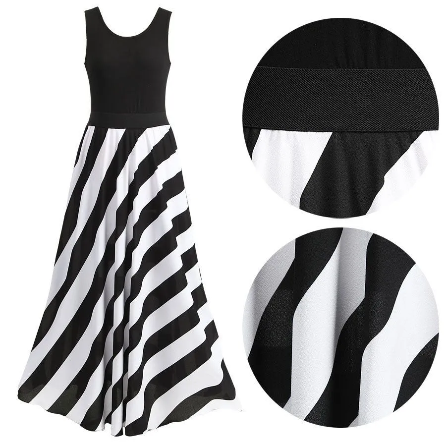 New Black And White Stripes Dresses Summer Sexy Vest Maxi Dress Round Neck High Waist Irregular Skirt NRE03Y199Z254746150
