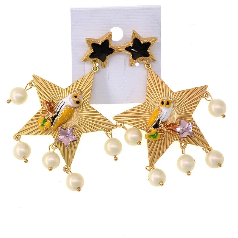 Dangle Earrings Baroque Five Pointed Star Bird Pearl Paint Exaggerated Big Female Wholesale