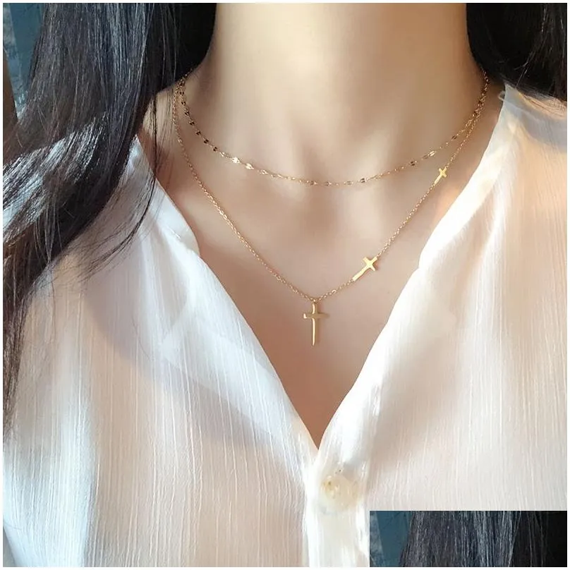 cross double layer necklace female chocker simple double layer cross necklace for women 316l stainless steel no fade