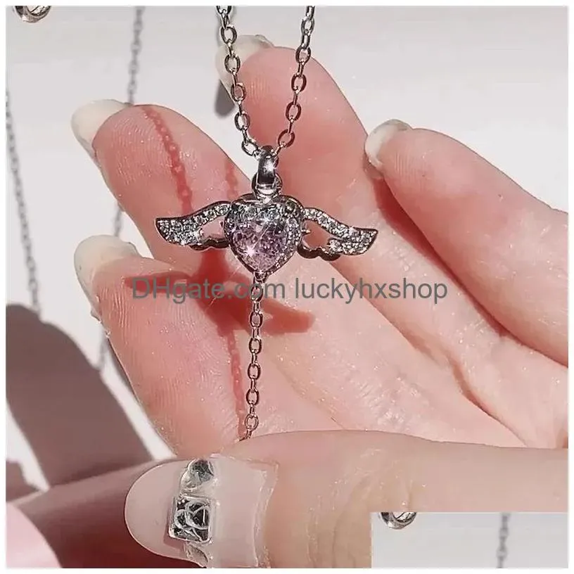 pendant necklaces korean fashion vintage hollow pink crystal heart silver color chain neck necklace for women wedding aesthetic jewelry