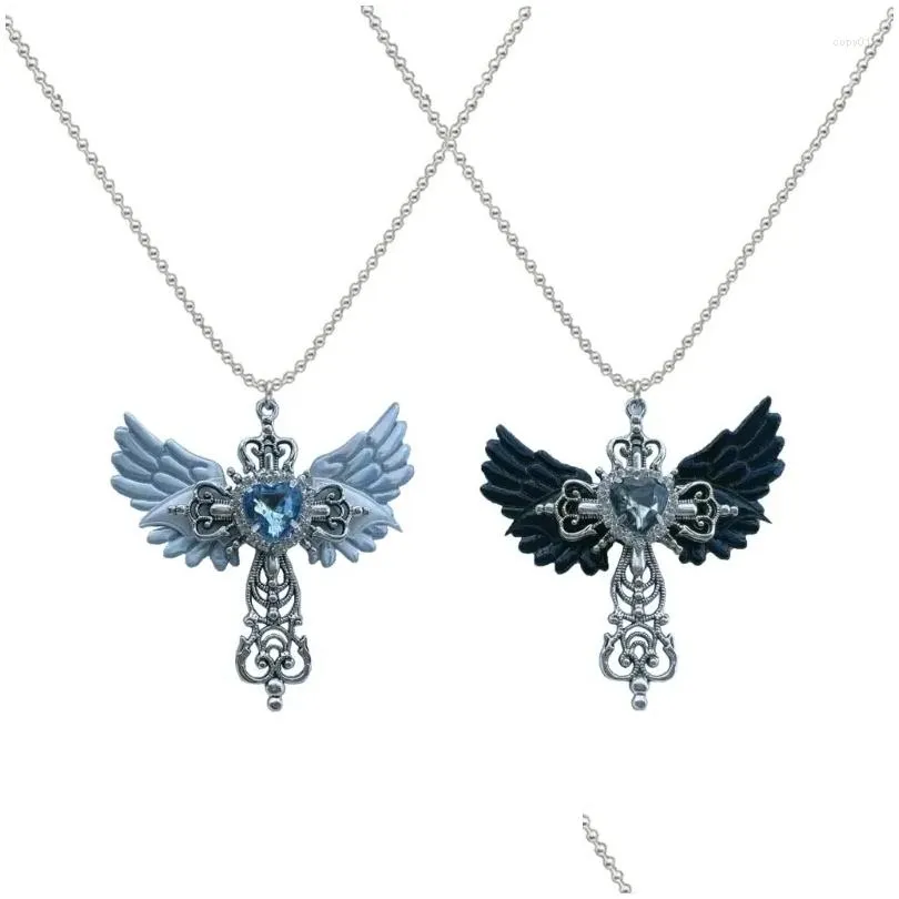 pendant necklaces european and american street blue gem angel crossed clavicle chain necklace girls light luxury women simple