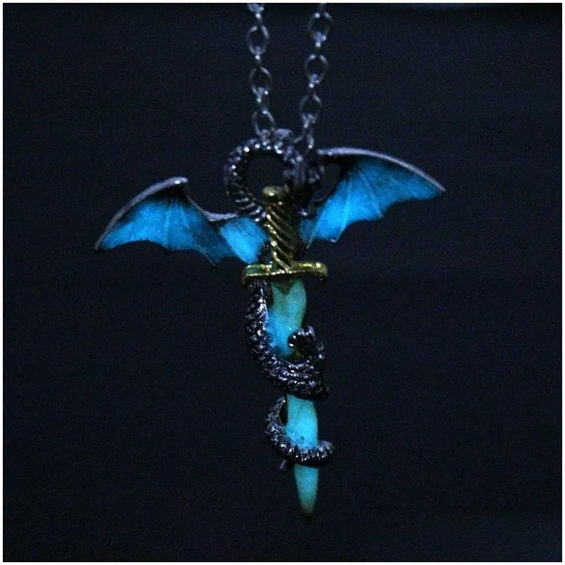 luminous vintage dragon sword pendant necklace titanium steel jewelry glow in the dark