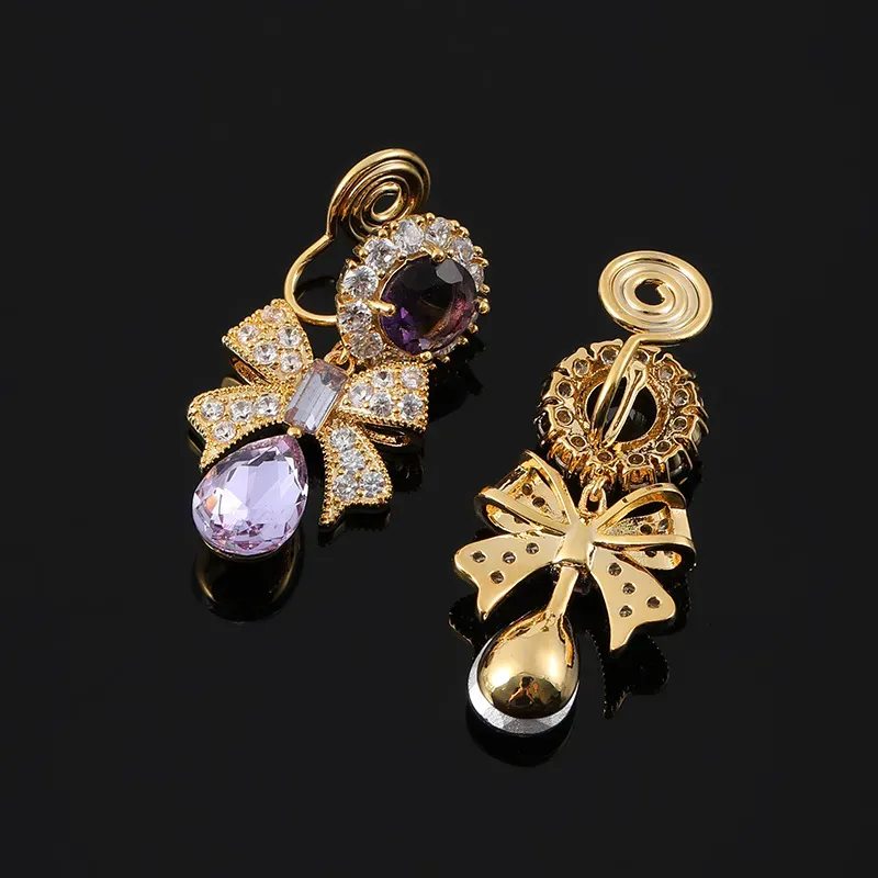 Backs Earrings Clip On French Sweet Purple Crystal Zircon Bowknot Geometric Mosquito Coil Without Pierced For Women Party