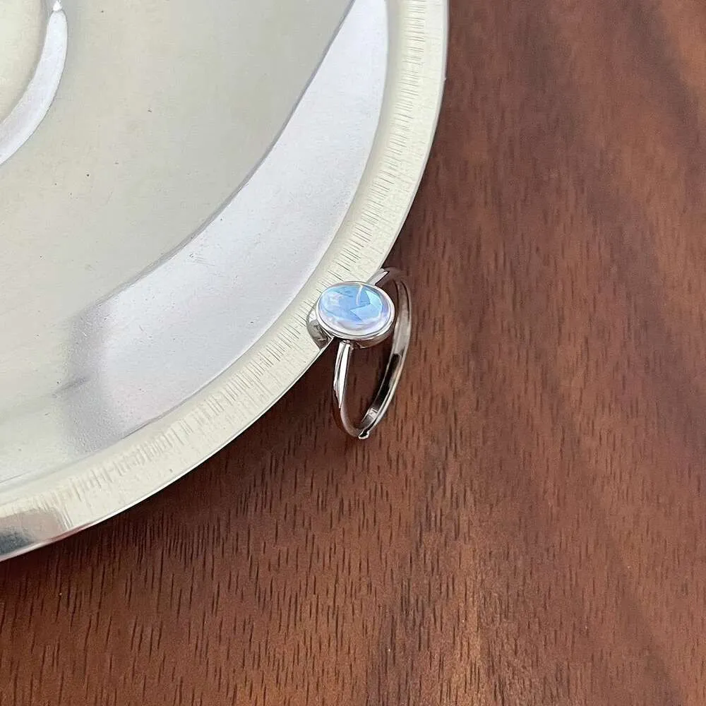 Personalized Minimalist Natural Sea Blue Moonlight Stone Open Ring