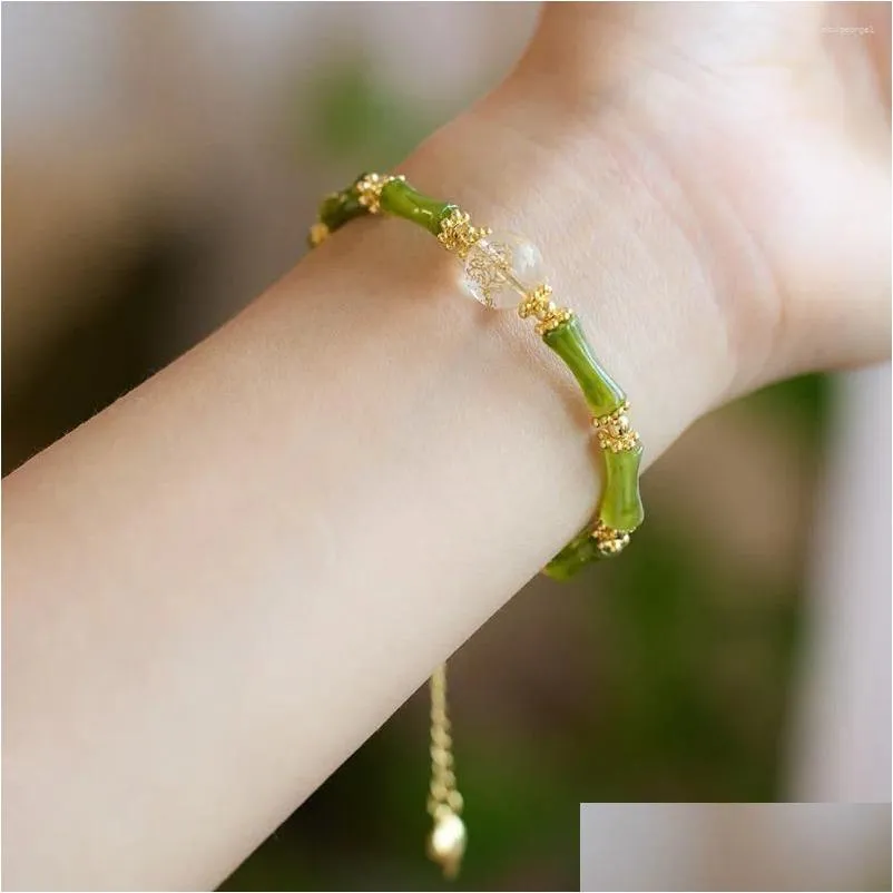 Strand 1Pcs Handmade Green Color Natural Stone Bamboo Joint Leaves Tassel Beads Beaded Bracelet For Women Accessories