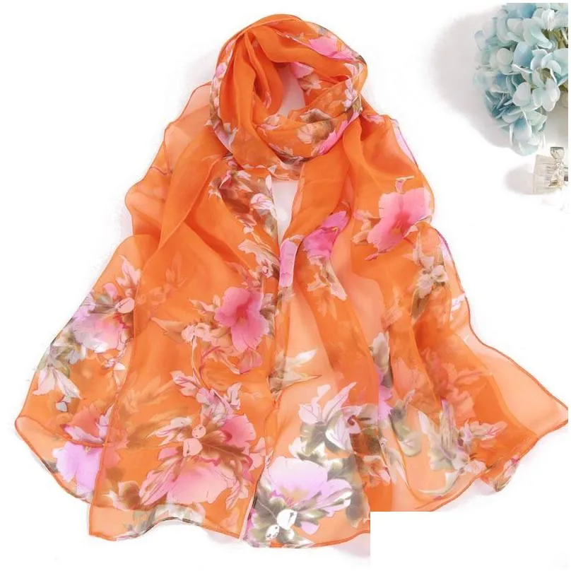 Scarves Chiffon Scarf For Women Peach Blossom Flower Printing Long Soft Wrap Ladies Breathable Shawl Drop Delivery Fashion Accessori Ots4X