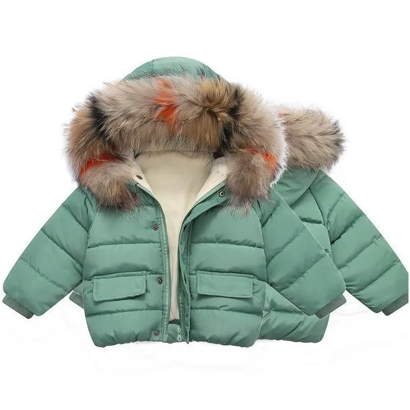 Jackets 2021 Warm Thicken Baby Girl Winter Clothes Fashion For Boys Big Fur Collar Windproof Snowfield Children`s Coat 1-6 Years