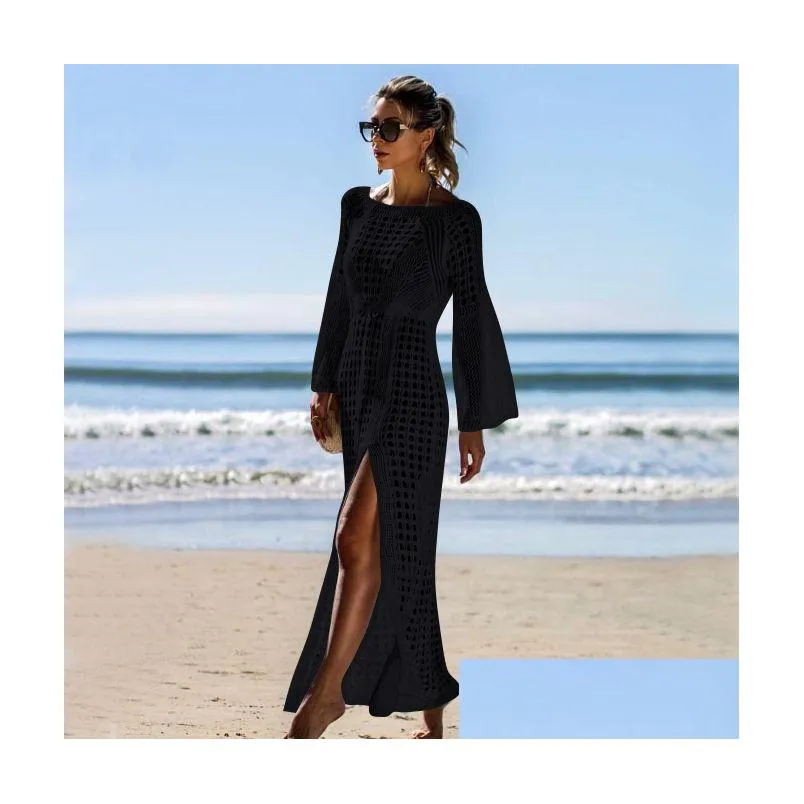 Basic & Casual Dresses Adogirl Summer Knit Fishnet Beach Er Up Dress Women Y Hollow Out See Through Long Sleeve High Slit Robe Drop D Dhcsk