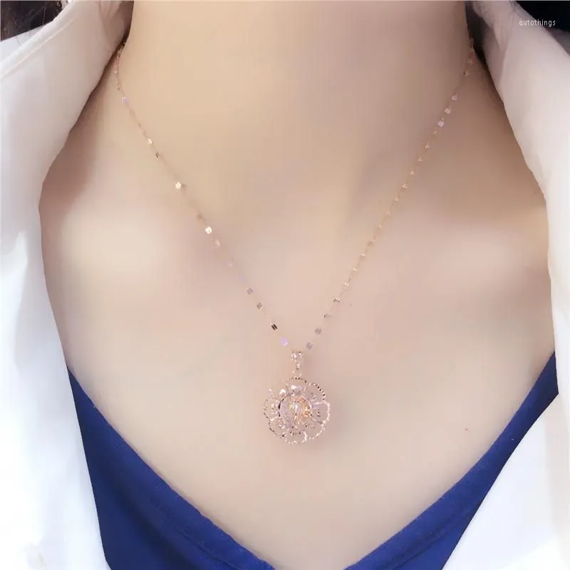 Chains 585 Purple Gold Plated 14K Rose Hollow Flower Pendant Neckalce For Woman Charm Exquisite Light Luxury Party Jewelry