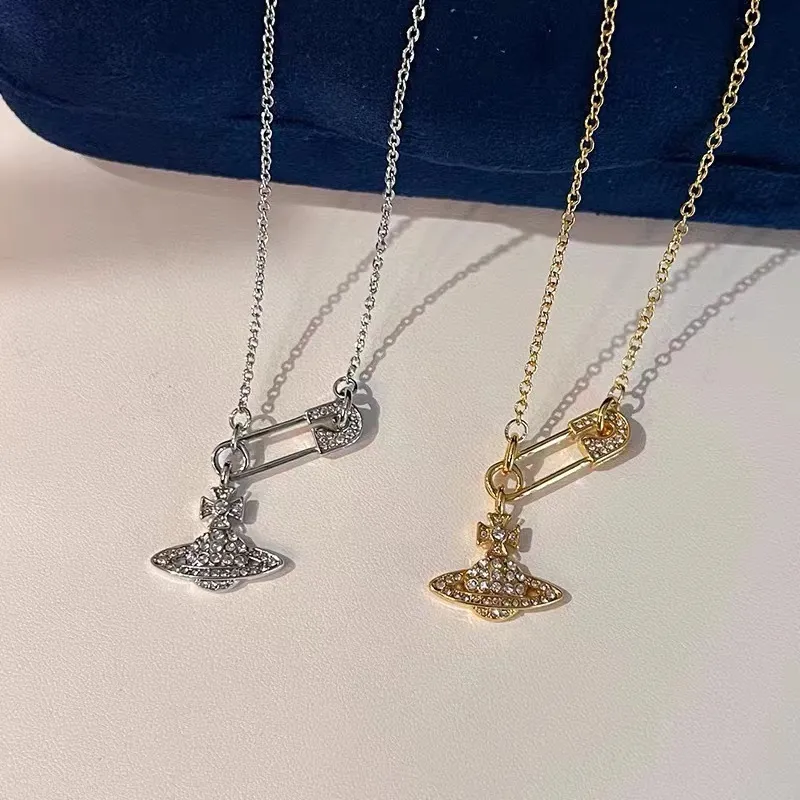 Designer Lin Zhou Pin Full Diamond Saturn Chain Necklace Women's Shining Full Diamond Pin Stacked Chain Collar chain