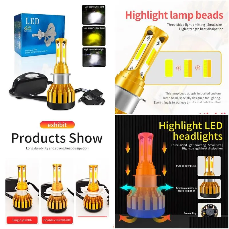 motorcycle h4 led headlight bulb h6 ba20d kit conversion hilo beam headlight 2 colors 3000k 6000k motobike headlamps 12v 24v3760625