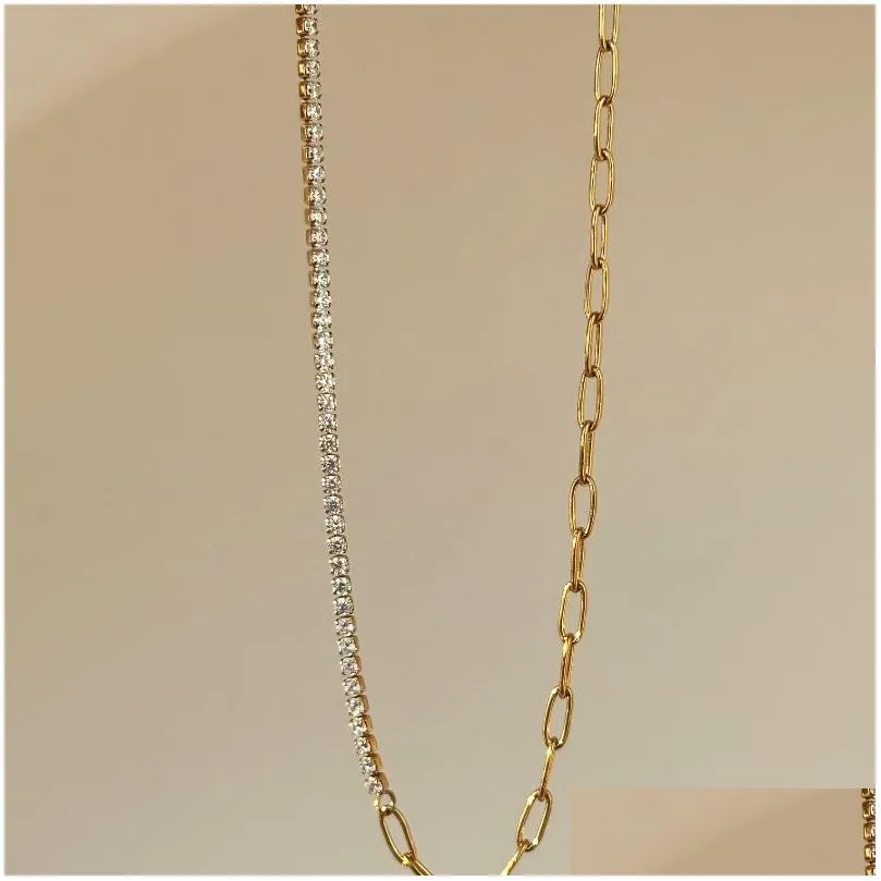 18k gold plated necklace tarnish free stainless steel mixed design paper clip zircon tennis chain jewelry