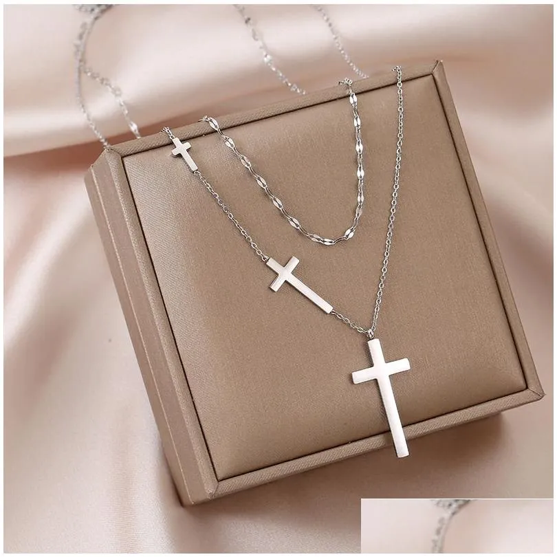 cross double layer necklace female chocker simple double layer cross necklace for women 316l stainless steel no fade