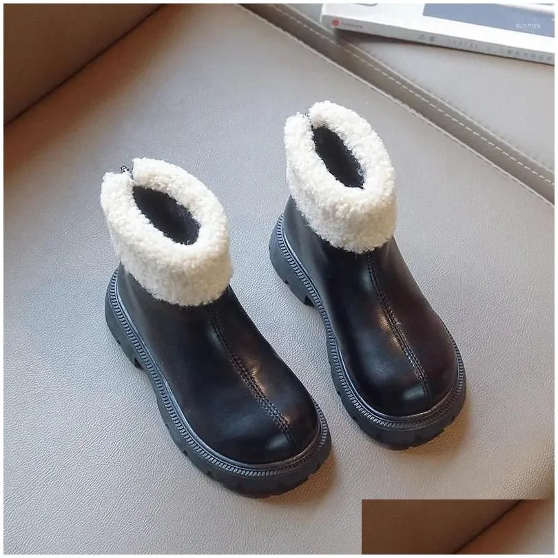 Boots Leather Shoes For Kids Girls Winter High Tops Style Outdoor Snow Ankle Simple Fashion Silp-on Plus Cotton Keep Warm