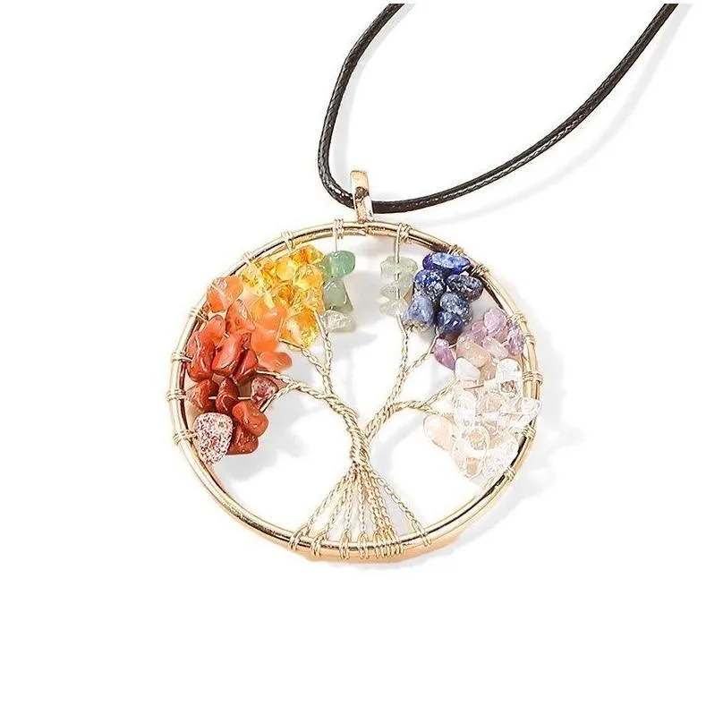 7 chakras tree of life pendant necklace gold color wisdom natural crystal chip beads handmade rope jewelry gift