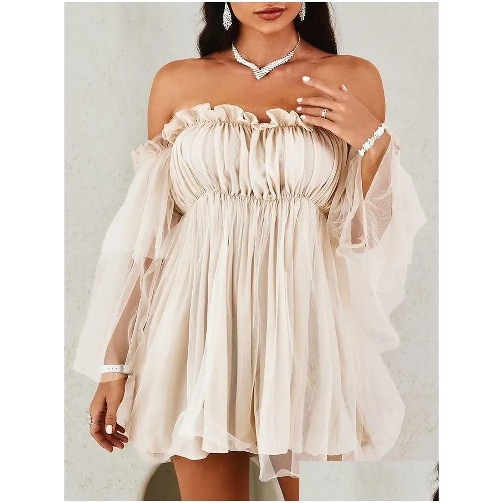 Basic & Casual Dresses Spring Women Solid Off Shoder Frill Trim Layered Mesh Dress 2022 Femme A Line Mini Party Robe Boho Lady Club O Dhdo0