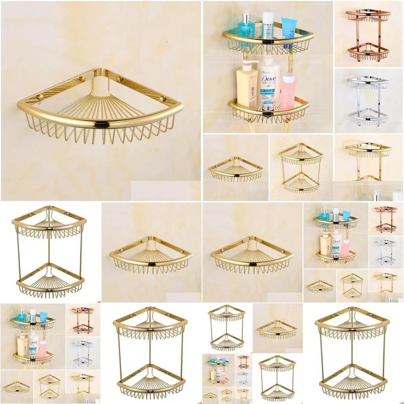 Bathroom Shelves European Style Triangar Storage Rack Double Decker Pendant All Copper Basket Wall Hanging Corner Drop Delivery Home Otkup