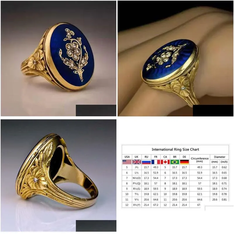 victorian vintage 14k gold diamond ring unique blue rose flower enamel jewelry bride engagement wedding gift for women size 7-11