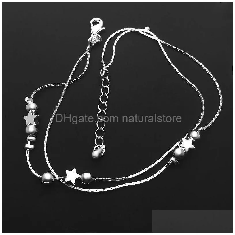 chic 925 sterling silver short double layer chain anklet for women s925 ankle chain bracelet adjustable length foot jewelry