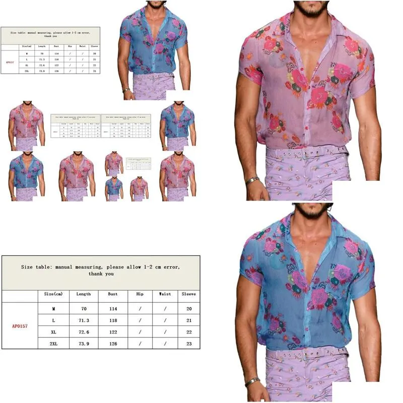 Men`S Dress Shirts Mens Men Shirt See-Through Lapel Top Loose Flower Printed Short Sleeve Buttons Breathable Coatmens Drop Delivery A Dh2Nb