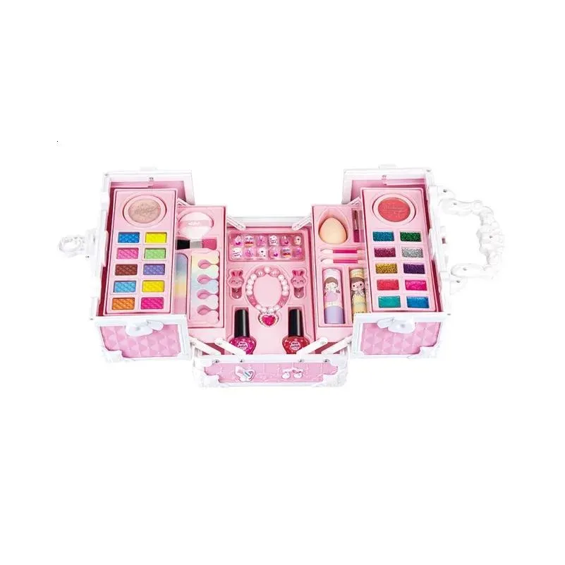 jewelry makeup set for girls box suitcase washable kit full lipstick eyeshadows nail polish stickers kid game toy gift 231122