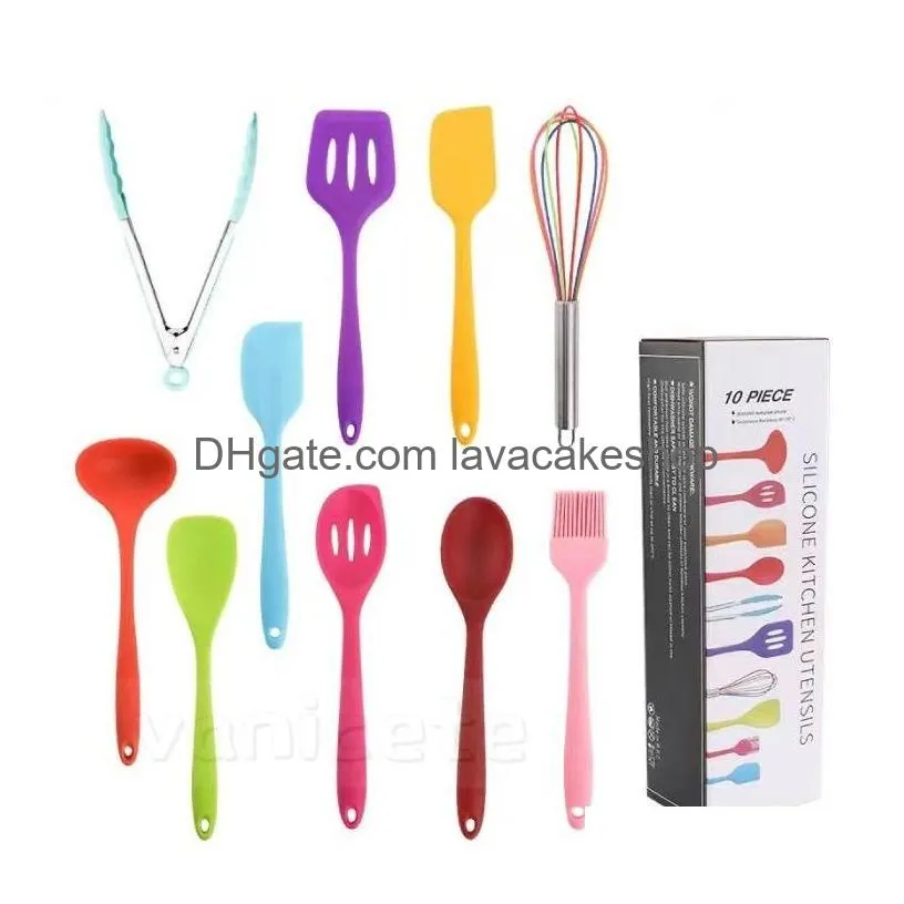 color silicone cooking utensils 10-piece set non-stick pot silicone kitchenware set environmental protection cooking-shovel tool