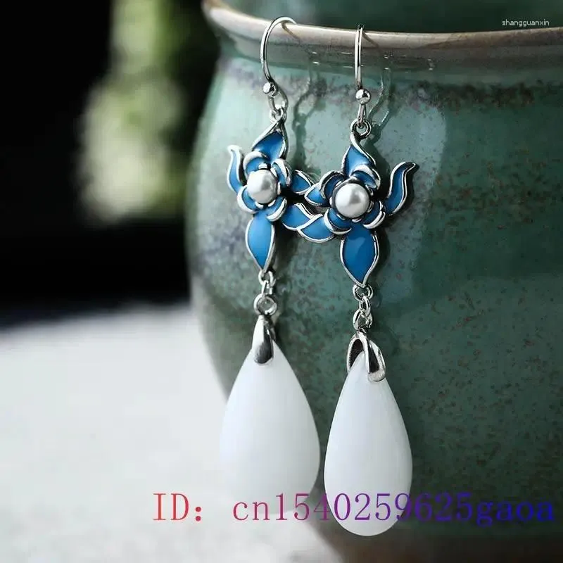 Dangle Earrings White Jade Water Drop Fashion Charms Talismans Women Natural Chinese Accessories 925 Silver Carved Jewelry Amulet