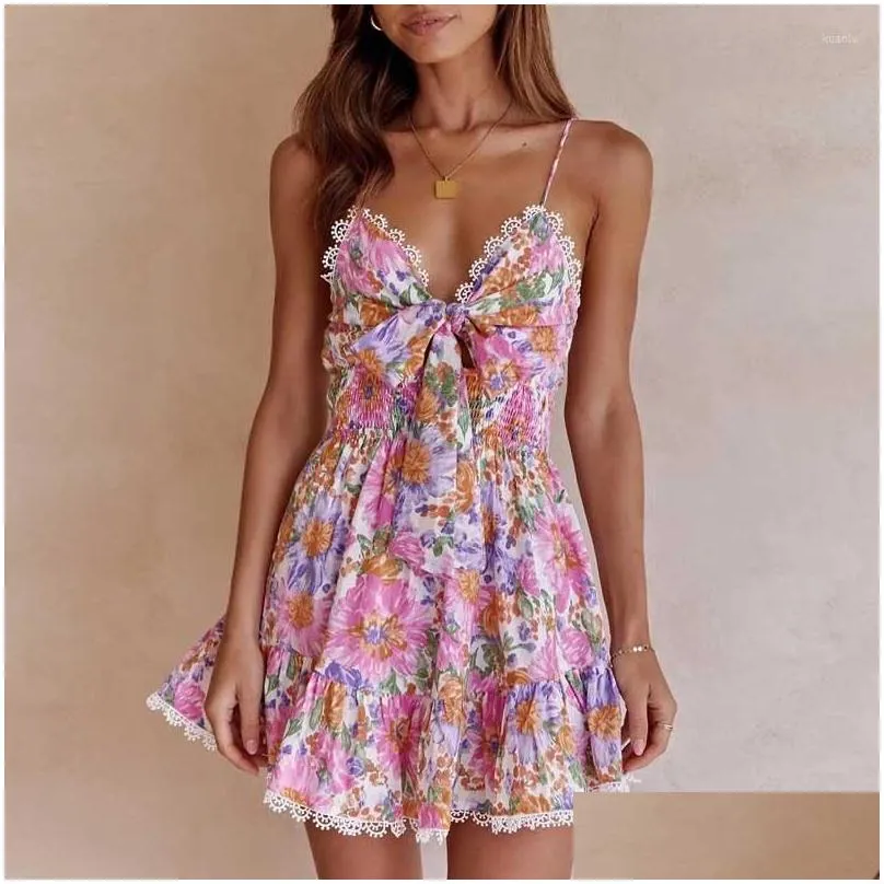 Basic & Casual Dresses Boho Inspired Floral Print V-Nec Bow Tied Front Mini Summer Dress Straps Sleeveless Smocked Chic Ladies Drop D Dhnmh