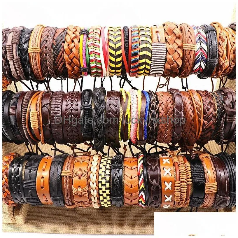 chain wholesale 100pcslots assorted vintage handmade mens cuff leather braided jewelry bracelets wrist bangle for women 230710