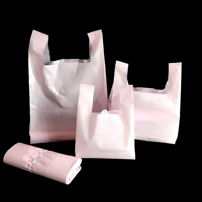 Other disposable plastic products 50Pcs Pink Thicken Vest Plastic Bag Green Large Size Clothes Gift Baking Dessert Cake Food Takeaway Packaging Party Bags