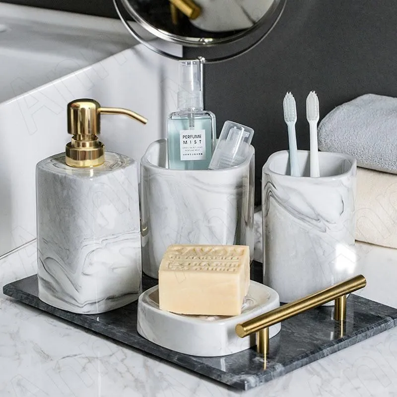 Bath Accessory Set Creative Marble Texture Ceramic Shower Accessories European Modern Restroom Toothbrush Holder Four-piece Bathroom