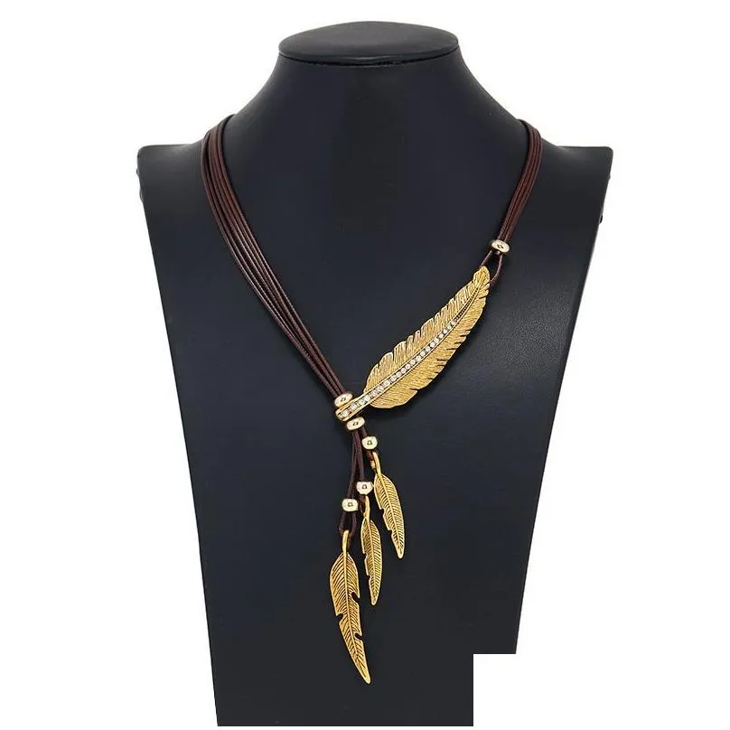 womens fashion stainless steel feather tree leaf pendant necklace multilayer clavicle chain sweater chain jewelry accessories