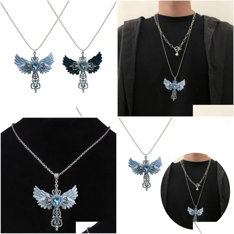 pendant necklaces european and american street blue gem angel crossed clavicle chain necklace girls light luxury women simple