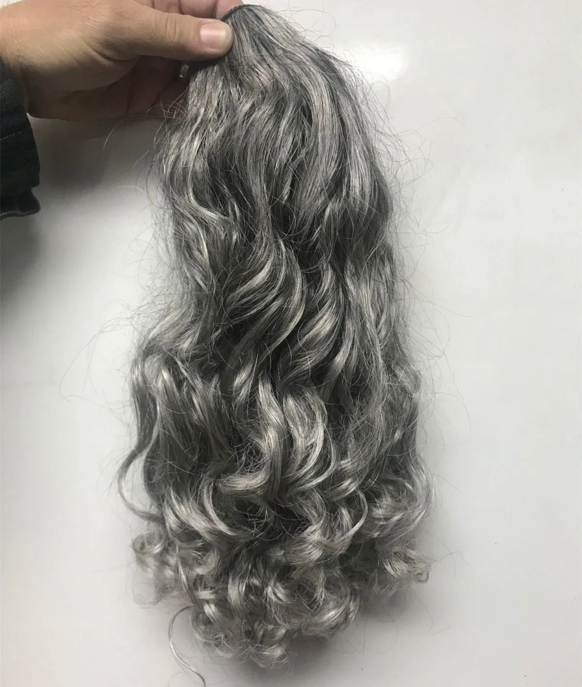 DIVA long Grey wavy human hair pony tail hairpiece drawstring gray women ponytail hair extension salt and pepper natural highlights