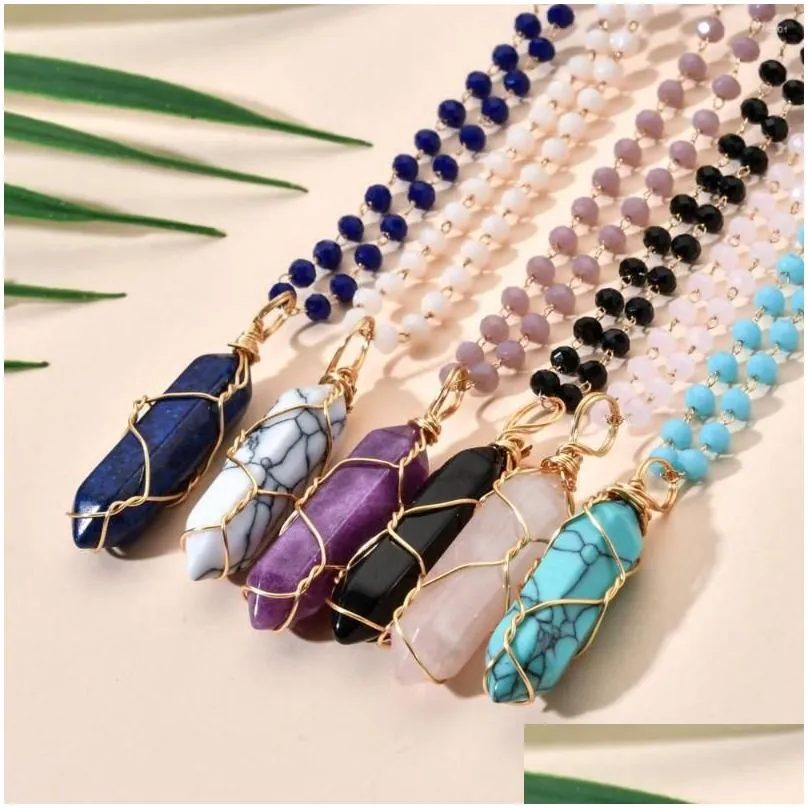 pendant necklaces zmzy glass crystal beads chain natural stone quartz necklace chakra hexagonal amethysts lapis lazuli