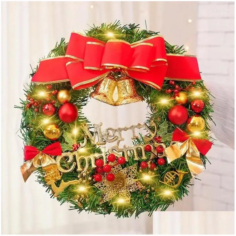 Decorative Flowers Prelit Christmas Wreath 11.81inches Artificial Spruce With Berry Clusters Bowknot Festival Front Door Hanger