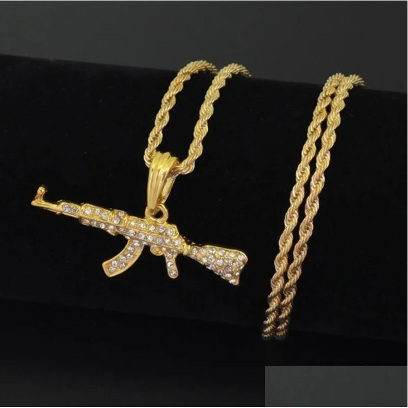 fashion jewelry ak47 gun pendant necklace iced out rhinestone hip hop chain gold silver color men women biker gift