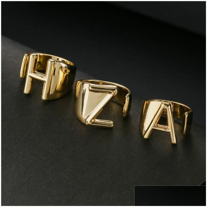 hollow a-z letter gold color metal adjustable opening ring initials name alphabet female party chunky wide trendy jewelry