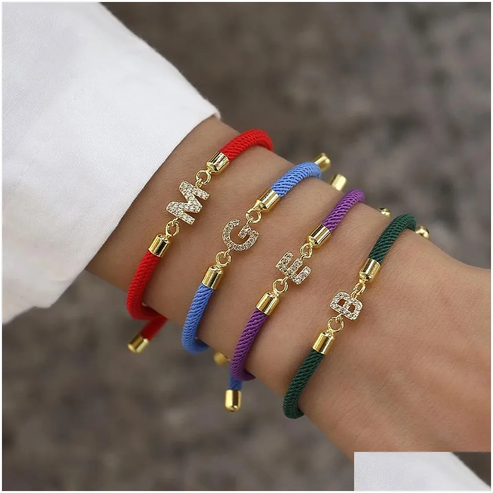 pave zircon a-z initial letter bracelets for women colorful adjustable rope charm jewelry gift