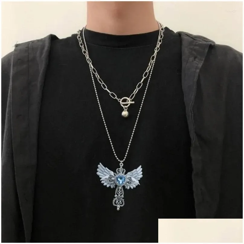 pendant necklaces european and american street blue gem angel crossed clavicle chain necklace girls light luxury women simple